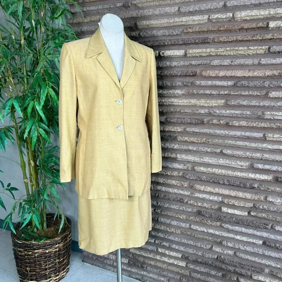 Saks Fifth Avenue Collection Gold Wool Blend Tunic Blazer Skirt Suit Size 10 - Picture 1 of 8